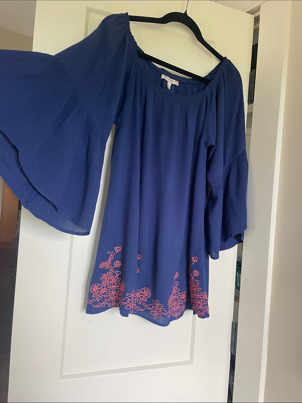 Altar'd State Navy Tunic with Pink Floral Hem Embroidery